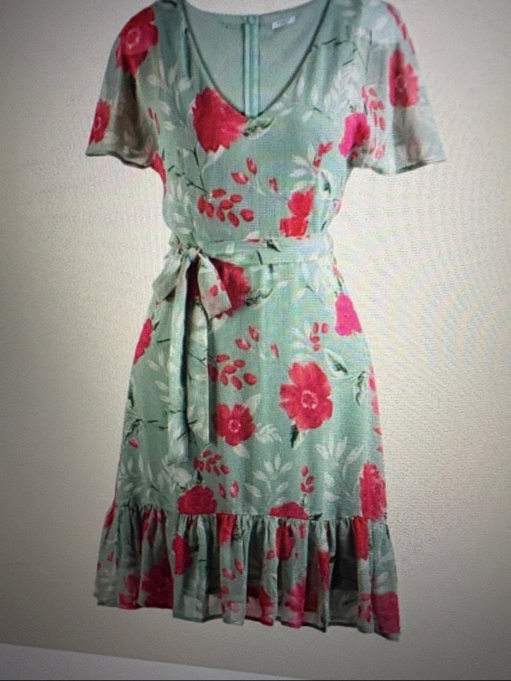Floral Midi Dress in Mint with Pink Blooms - Picture 2 of 4